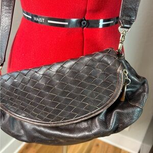 Zina Eva Brown Leather Woven Flap Hobo Crossbody Shoulder Bag Boho Chic